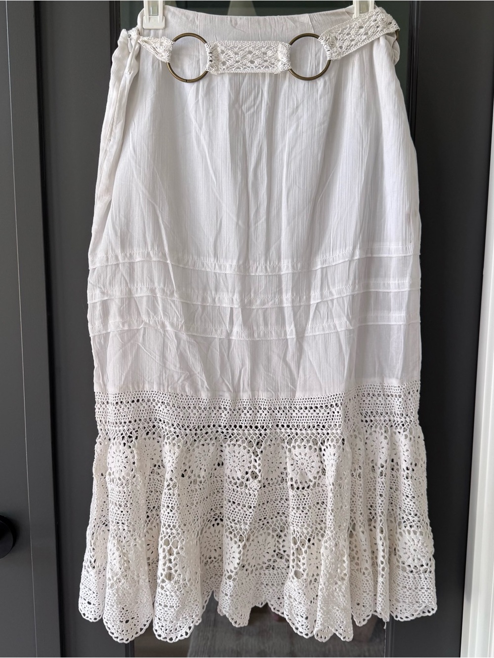 Laundry by Shelli Segal White Crochet Hem Tiered Skirt Coastal Boho 100% Cotton - Picture 5 of 9
